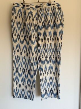 Blue and ivory ikat pants by Anthropologie